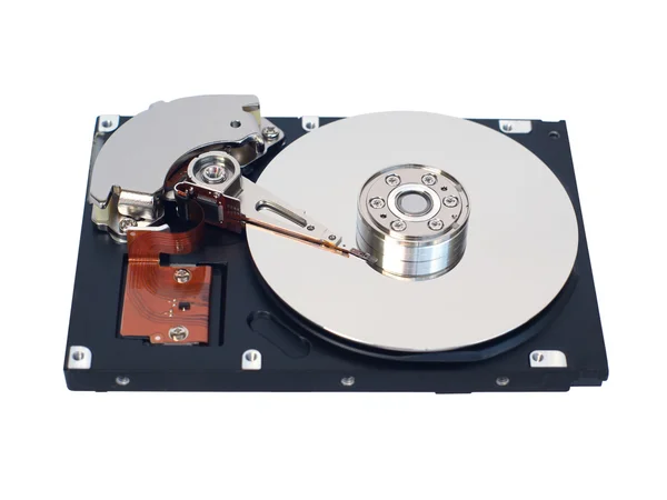 Hard disk with storage surface and writing head mechanism isolated on white — Stock Photo, Image