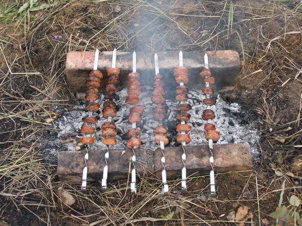 Шесть шашлыков с шашлыком готовятся к барбекю горячим углем — стоковое фото
