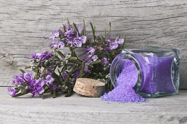 Open jar of rosemary bath salts. — Stock Photo, Image