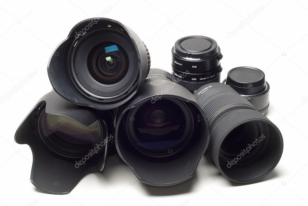 A set of photographic lenses.