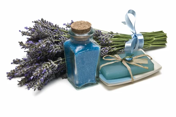 Lavender bath salts and soap. — Stock Photo, Image