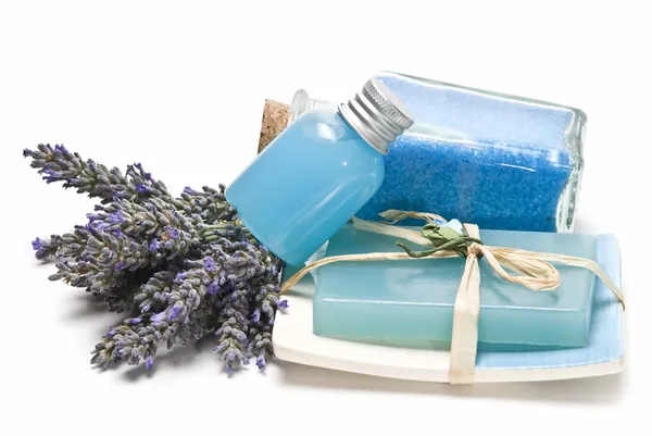 Bath salts, gel and soap made of lavender. — Stock Photo, Image