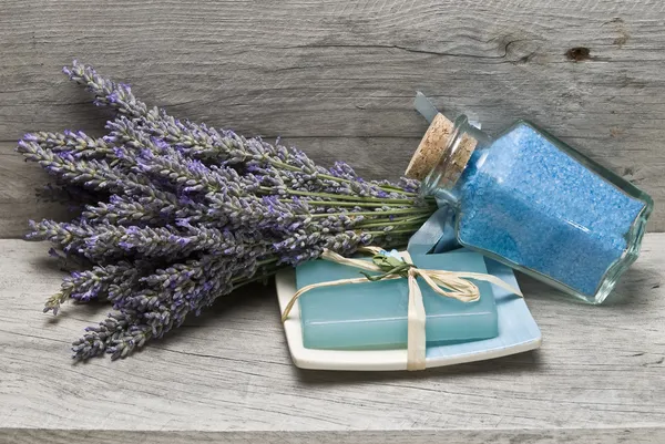 Bath salts and lavender soap. — Stock Photo, Image
