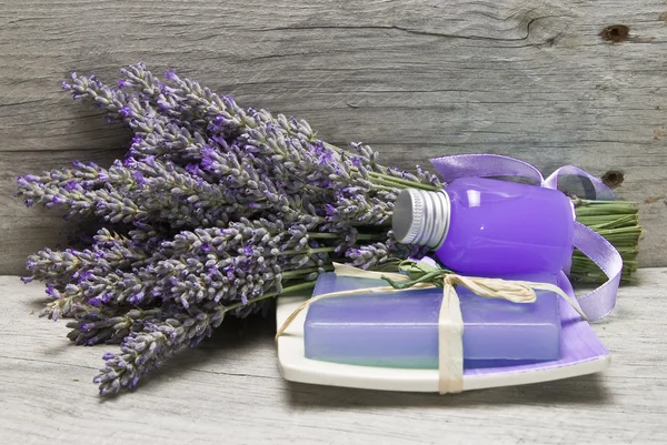Fresh lavender, gel and soap. — Stock Photo, Image