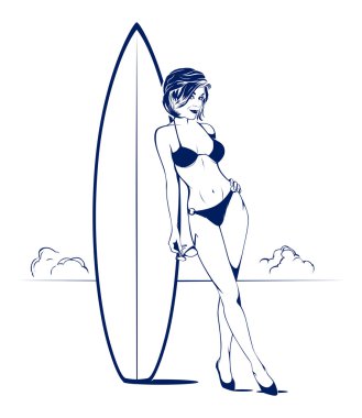 Bikini girl on the beach with surfboad and sunglasses clipart