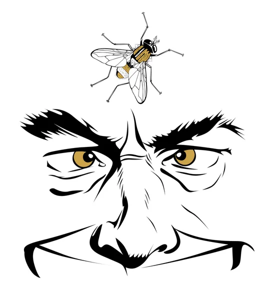 Manusia kartun wajah dengan serangga terbang - Stok Vektor