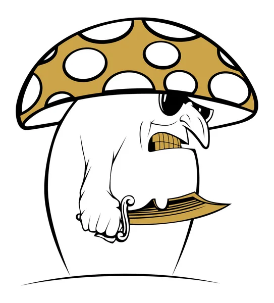 Evil cartoon mushroom with sunglasses and knife — Stock Vector