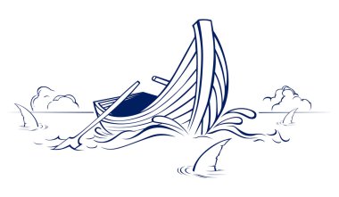 Wood boat with shark fin clipart