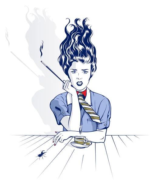 Курящая женщина пьет кофе — стоковый вектор