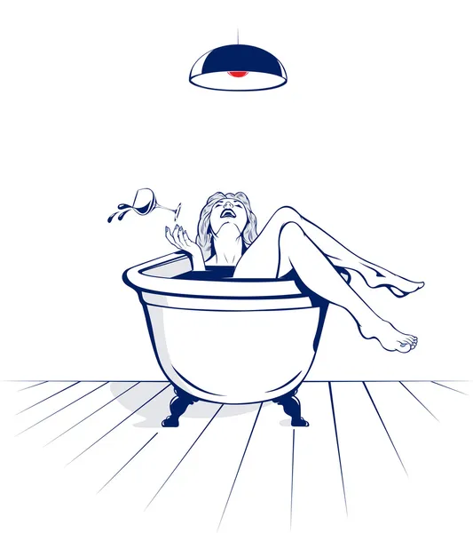 Mujeres jóvenes de belleza relajarse en el baño con una copa de vino — Vector de stock