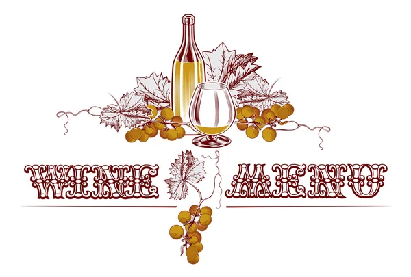 Карта вин с бутылкой, виноградом и стеклом — стоковый вектор