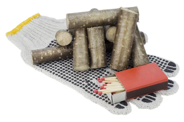 Matches, logs and gloves - all for a fire — Stock Photo, Image