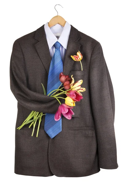 Tweed jacket with a bouquet of tulips — Stock Photo, Image