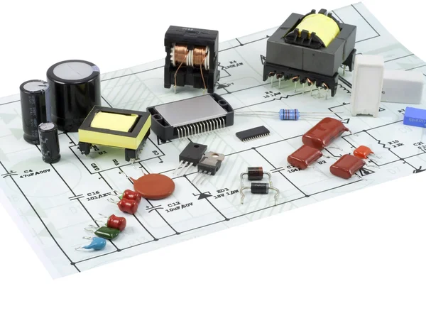 Elektronik komponentler ve Elektrik şeması — Stok fotoğraf