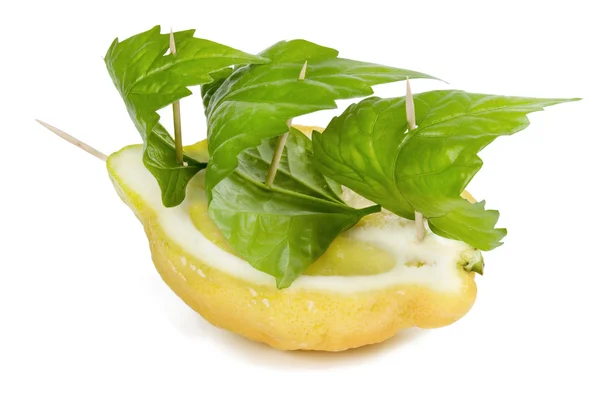 Hälften av citron med gröna blad — Stockfoto