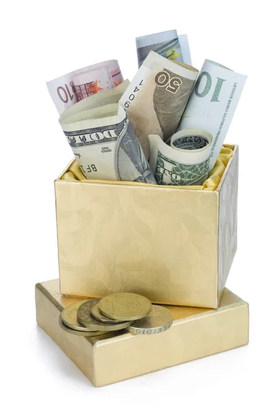 Or et argent dans une boîte dorée — Photo
