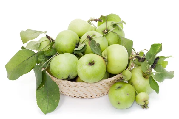 Gröna äpplen i korg — Stockfoto