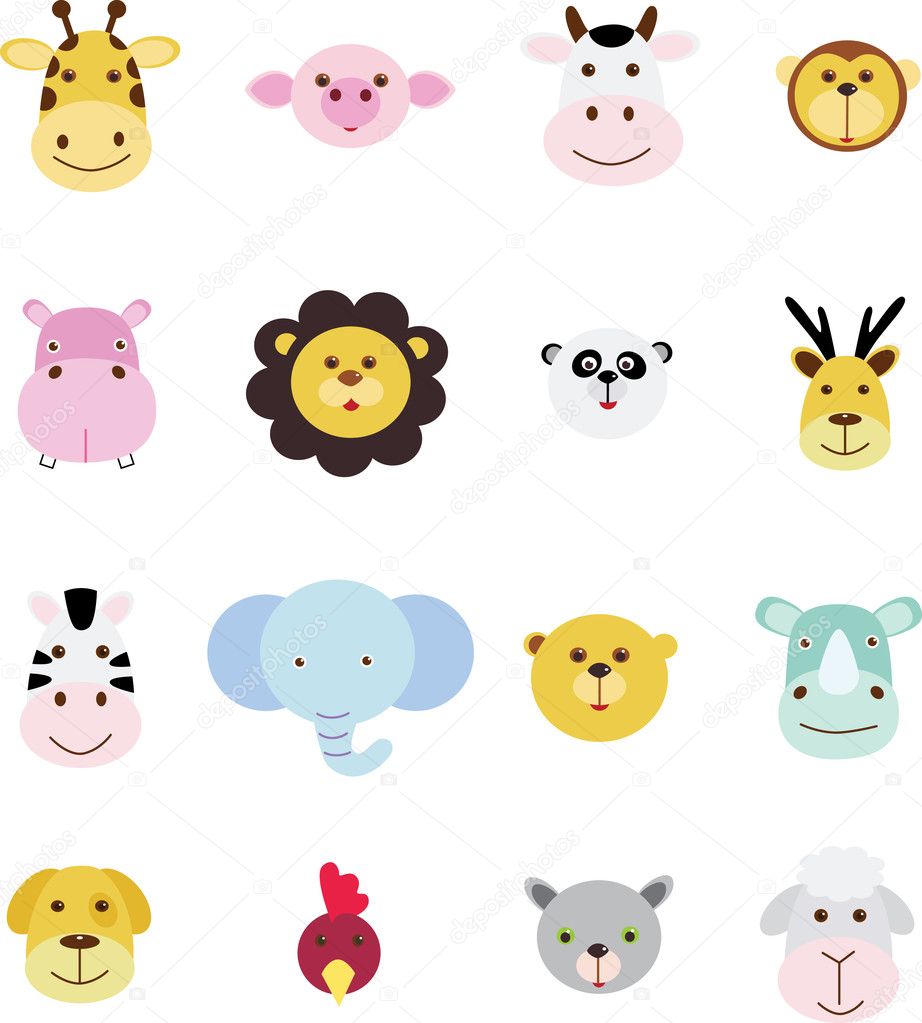 Collection of animal head doodle icon set
