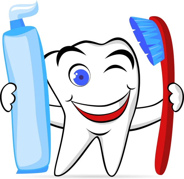 Personagem de dente com escova de dentes e pasta —  Vetores de Stock