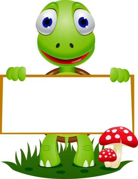 Linda tortuga sosteniendo letrero en blanco — Vector de stock