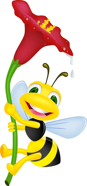 Happy bee holding a flower — Stock Vector