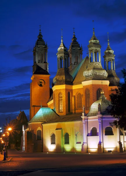 Gotik katedral kilise tarafından gece kuleleri — Stok fotoğraf