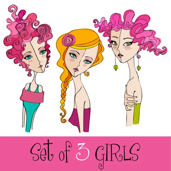 Set of illustrated cute abstract girls — Stock Photo, Image