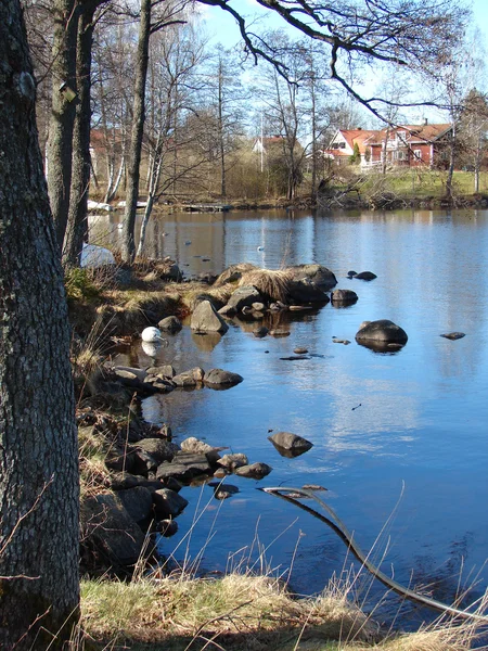 Typowy szwedzki dom stronie rzeki — Zdjęcie stockowe