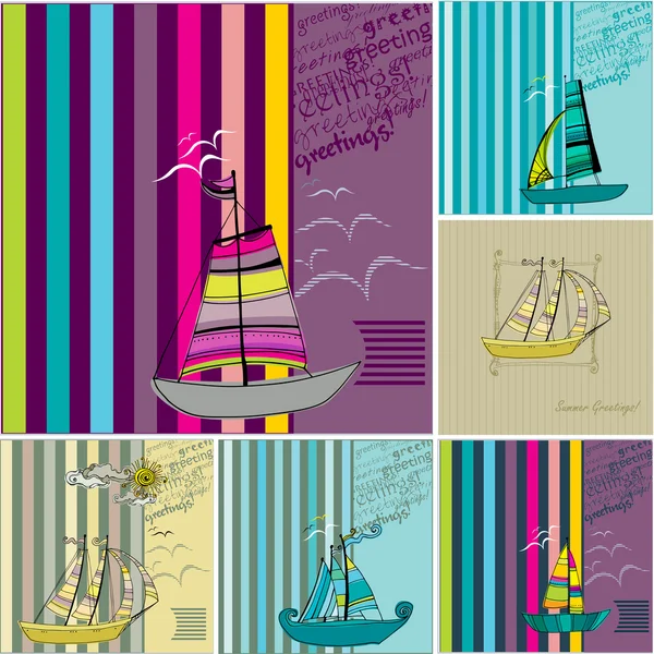 Conjunto de diseños de tarjetas de felicitación con barcos de vela lindos ilustrados —  Fotos de Stock