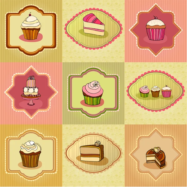 Zestaw kart ilustrowany słodkie ciasto retro — Zdjęcie stockowe