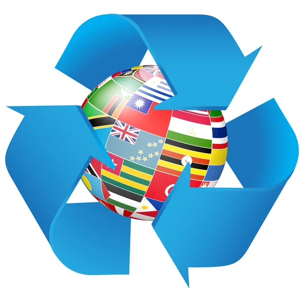 Símbolo de reciclaje con banderas de fondo globo — Vector de stock