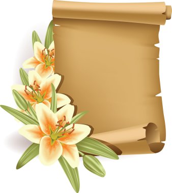 Greeting card with lilies and scroll - vertical