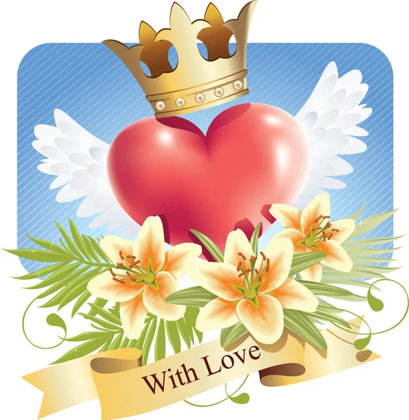 Heart with wings and lilies and a banner With love — Stock Vector