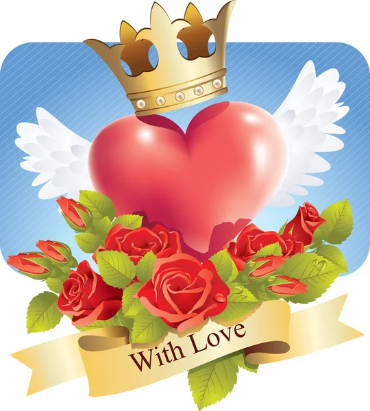 Hjärta med vingar och rosor och en banner med kärlek — Stock vektor