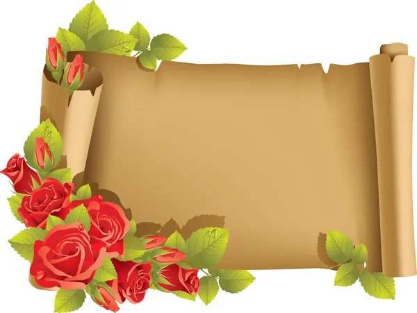 Carte de voeux avec rose et défilement - horizontale — Image vectorielle