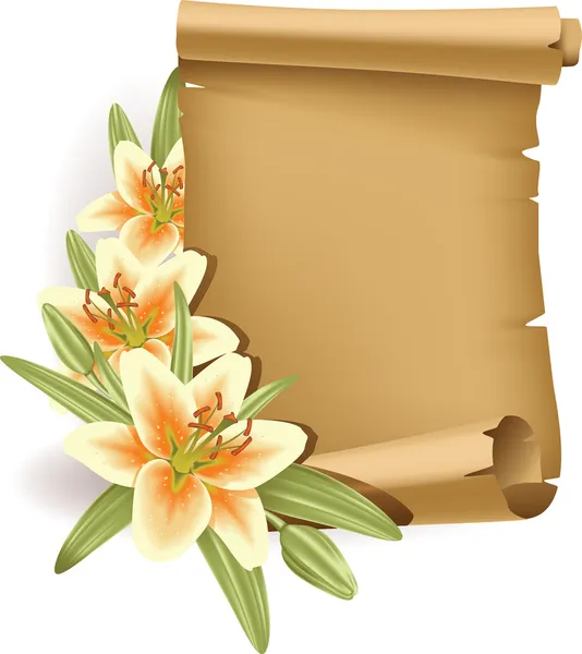 Greeting card with lilies and scroll - vertical — Stock Vector