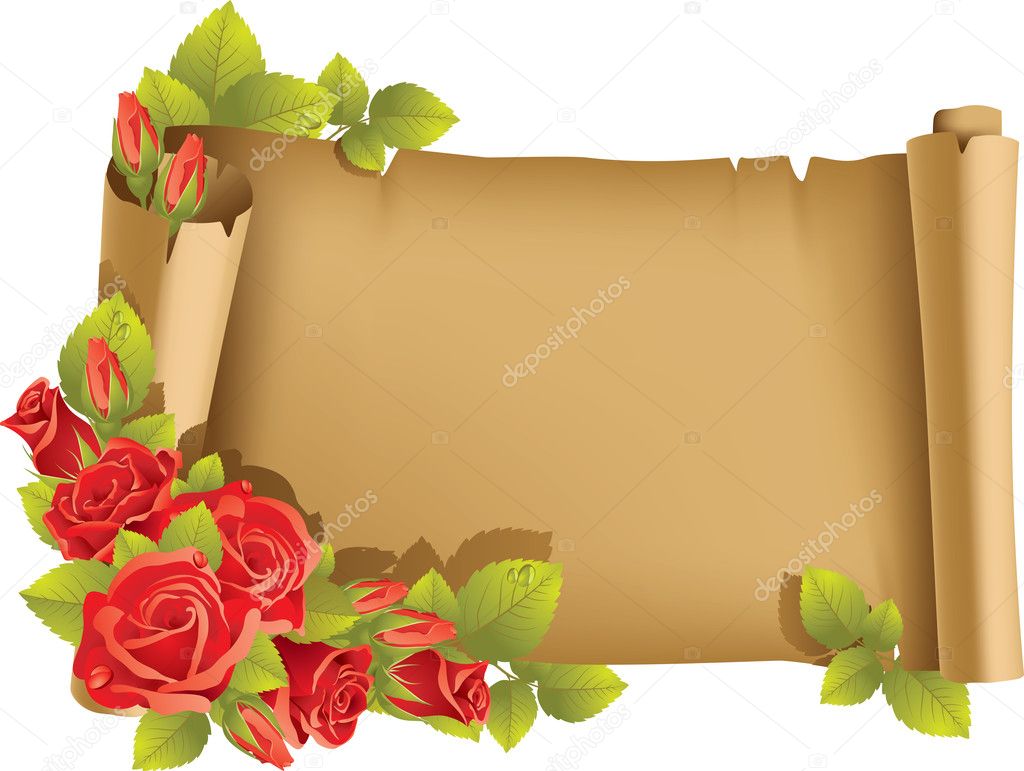 Greeting card with rose and scroll - horizontal