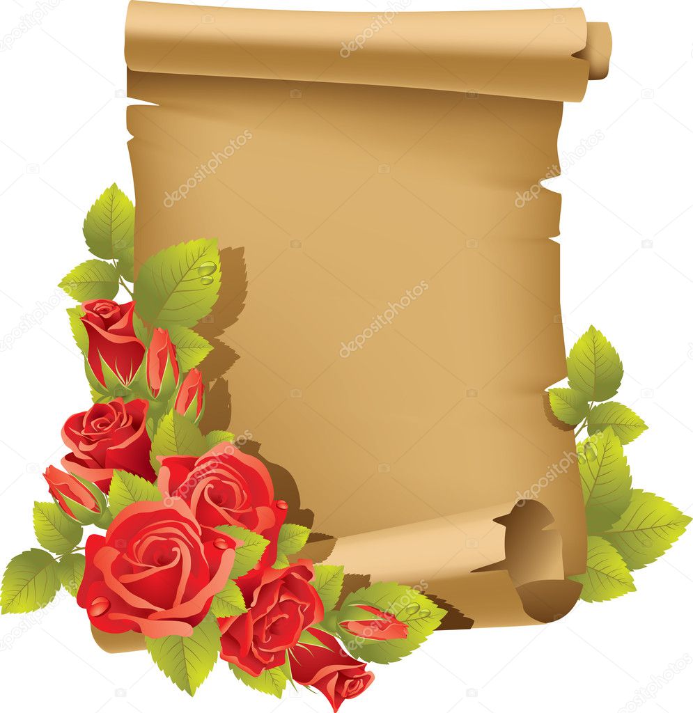 Greeting card with rose and scroll - vertical