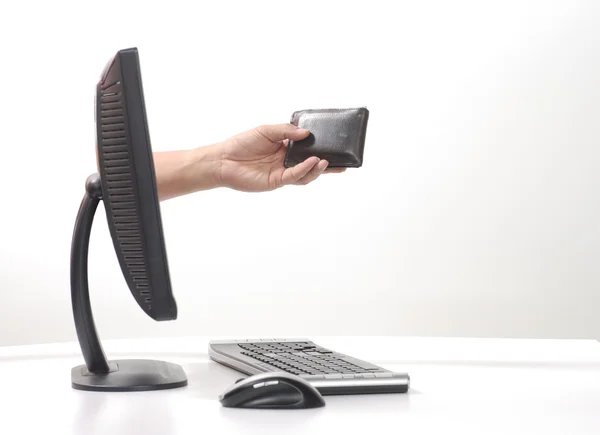 stock image Hand sticking out computer monitor