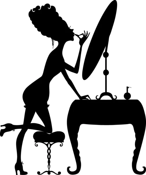 Silhouette di una ragazza con rossetto allo specchio — Vettoriale Stock