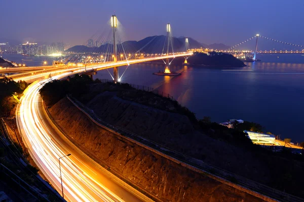 Highway and Ting Kau bridge at night — Stock Photo, Image