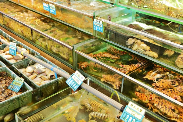Schaal-en schelpdieren te koop bij restaurant in hong kong — Stockfoto
