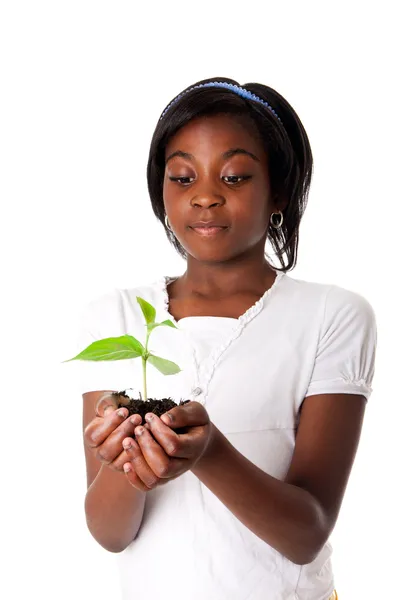 Dívka s rostlinou v ruce — Stock fotografie