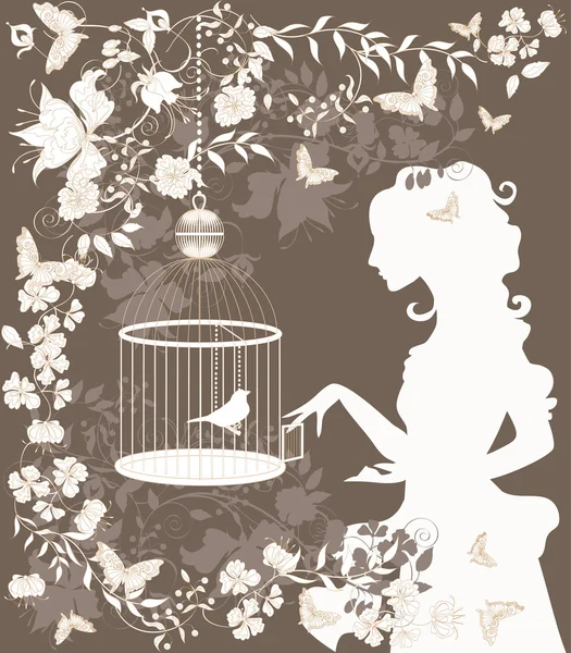 ヴィンテージ少女と鳥 — ストックベクタ