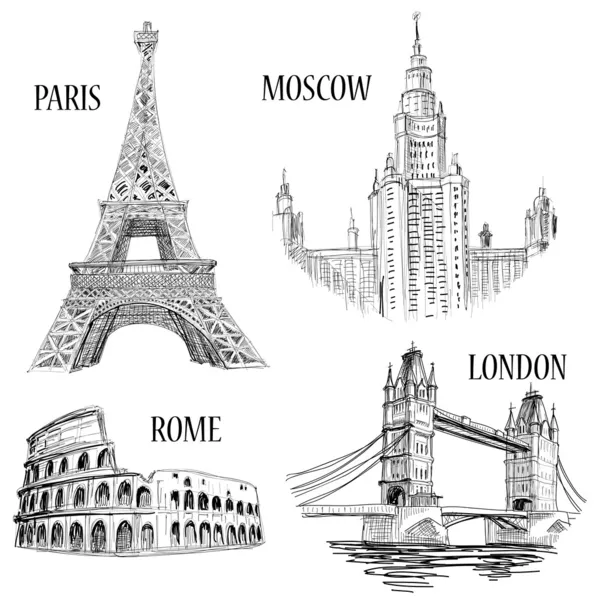 Symbole naszkicowanych miast europejskich — Wektor stockowy