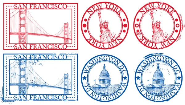 Estados Unidos ciudades famosas sellos — Vector de stock