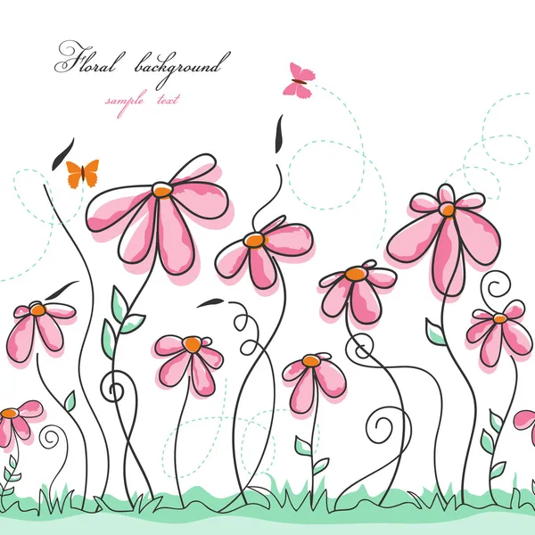Jardín de flores rosadas con mariposas — Vector de stock