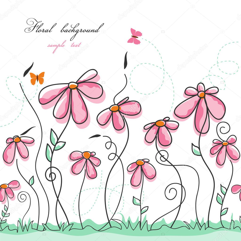 Pink flowers garden with butterflies Stock Illustration by ...
