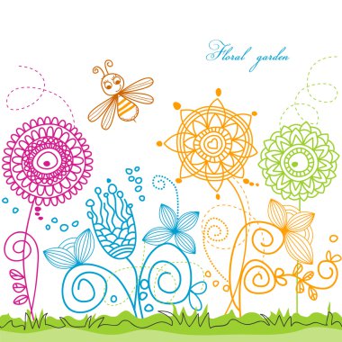 Vector summer scene: bee visiting flowers clipart