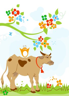 Cute cow and bird friendship clipart